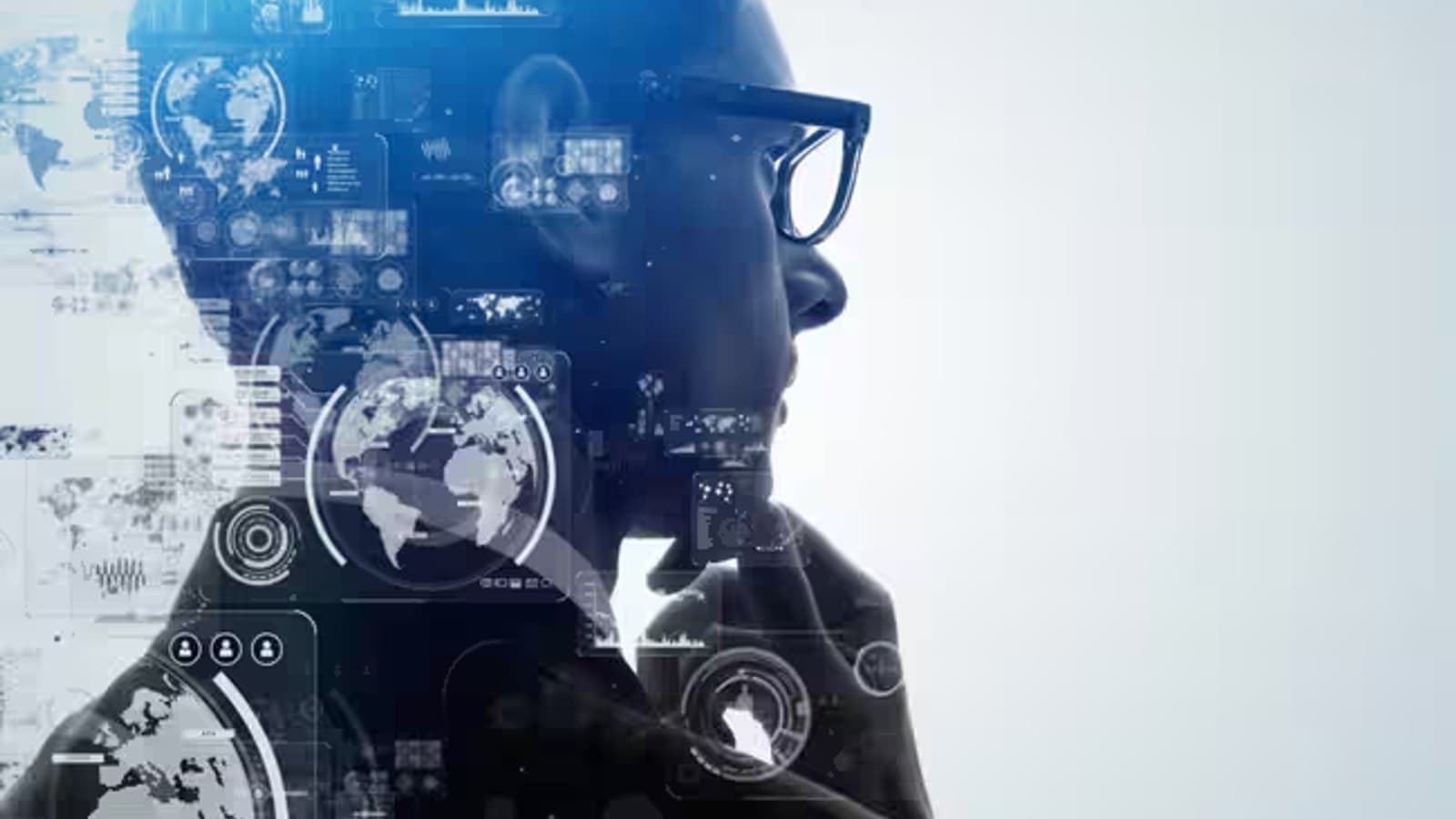 A digital illustration of a person in profile overlaid with data graphics, charts and world maps.