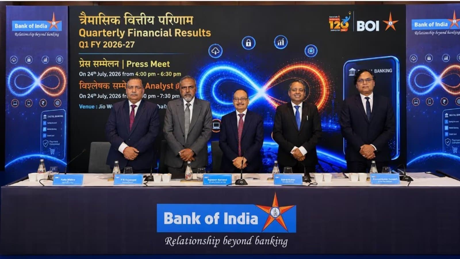 Bank of India executives at the bank's Q1 FY 2026-27 results press meet, in front of a branded backdrop.