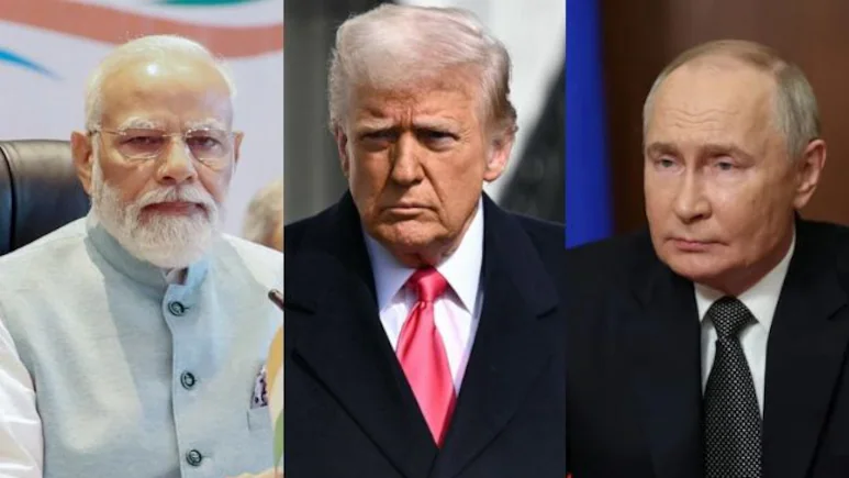 Narendra Modi, Donald Trump and Vladimir Putin in a side-by-side composite